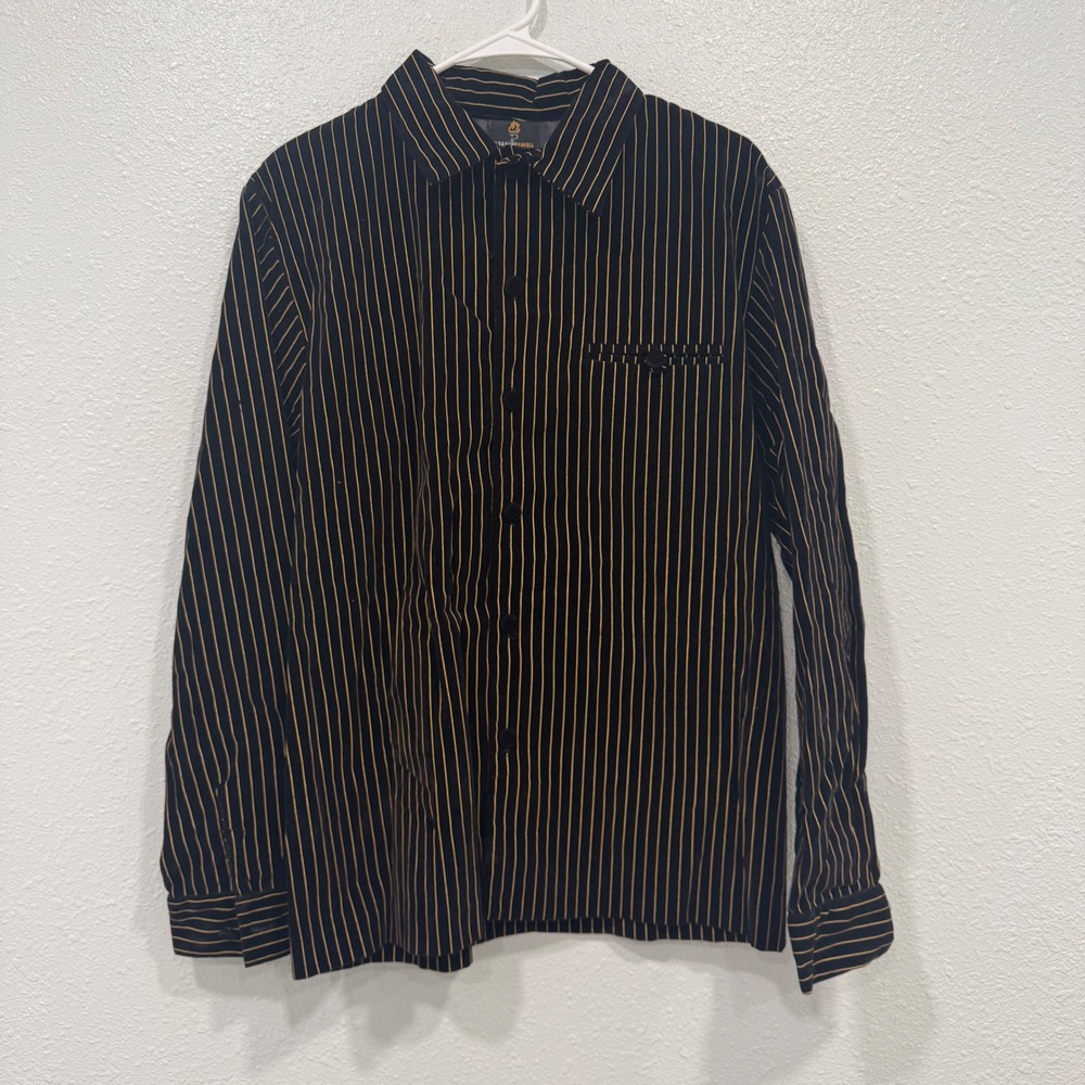 Pleasureswell Mens Black Velvet Gold Pinstripe Long Sleeve Button Down Shirt